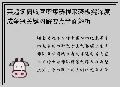 英超冬窗收官密集赛程来袭板凳深度成争冠关键图解要点全面解析 英超冬窗收官密集赛程来袭板凳深度成争冠关键图解要点全面解析